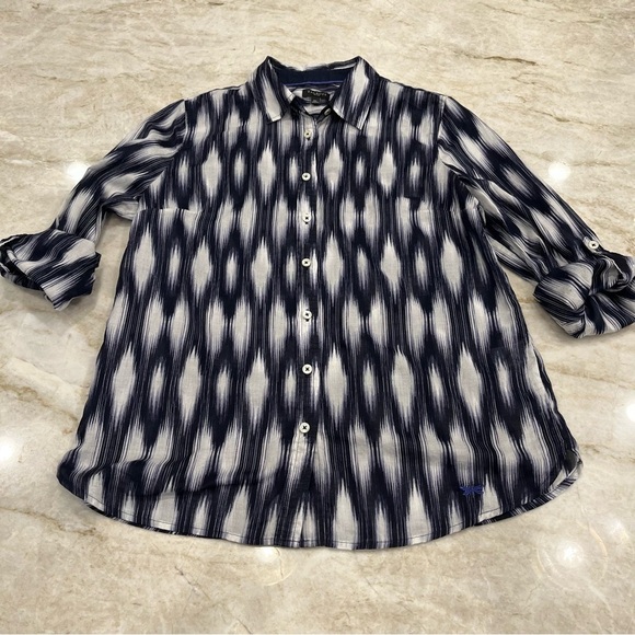 Talbots | Diamond Ikat Long Sleeve Button Down Shirt | Indigo & White | Petite M - Picture 4 of 11